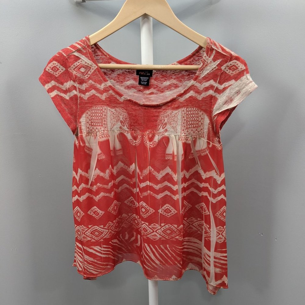 Rue 21 Sheer Elephant Babydoll Boho Top, M